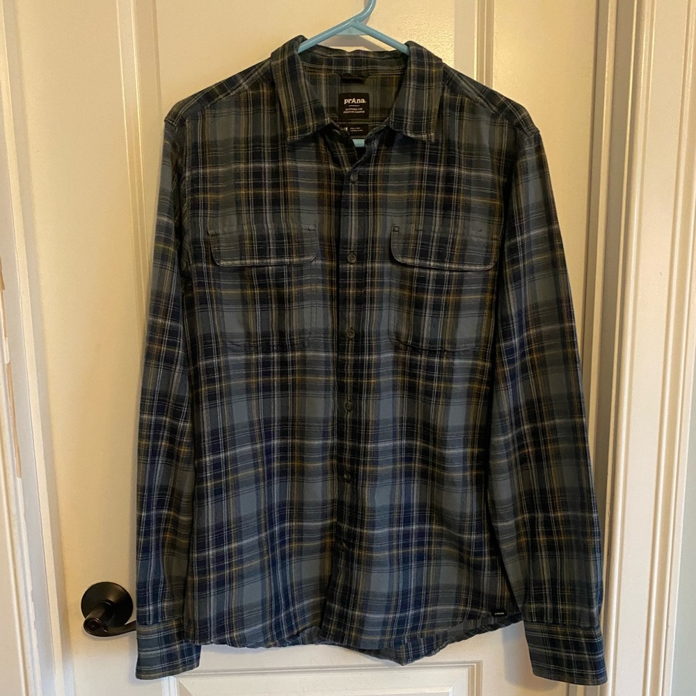Prana Blue and Black Plaid Shirt